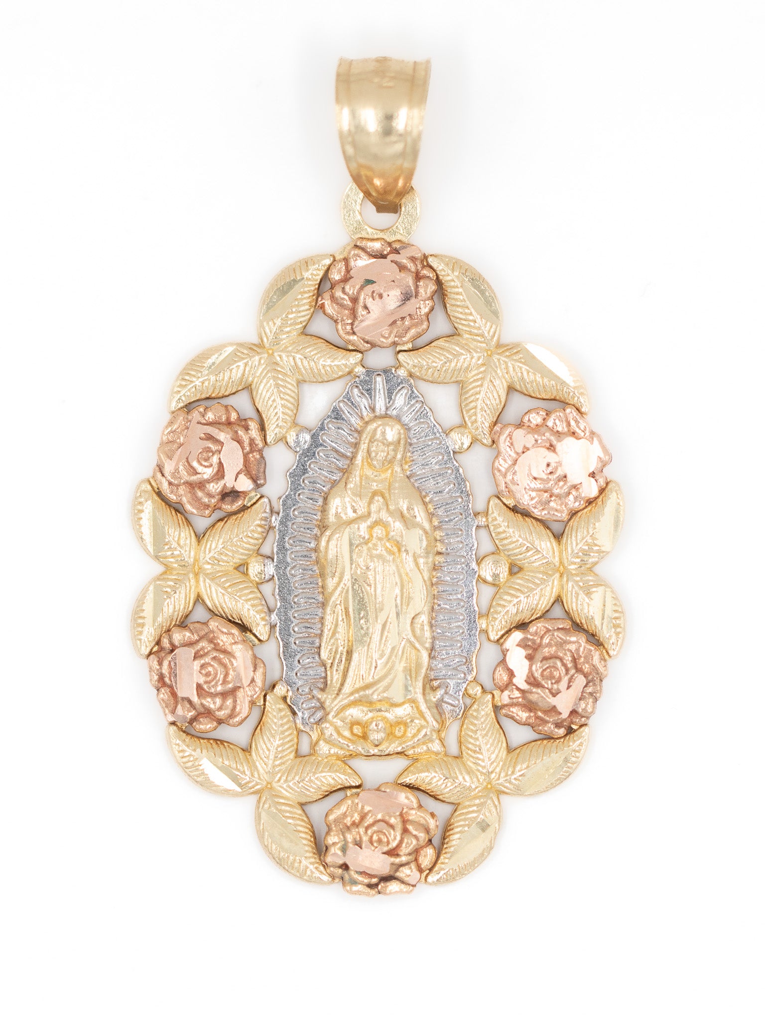 14K Gold Virgen de Guadalupe with Roses Pendant