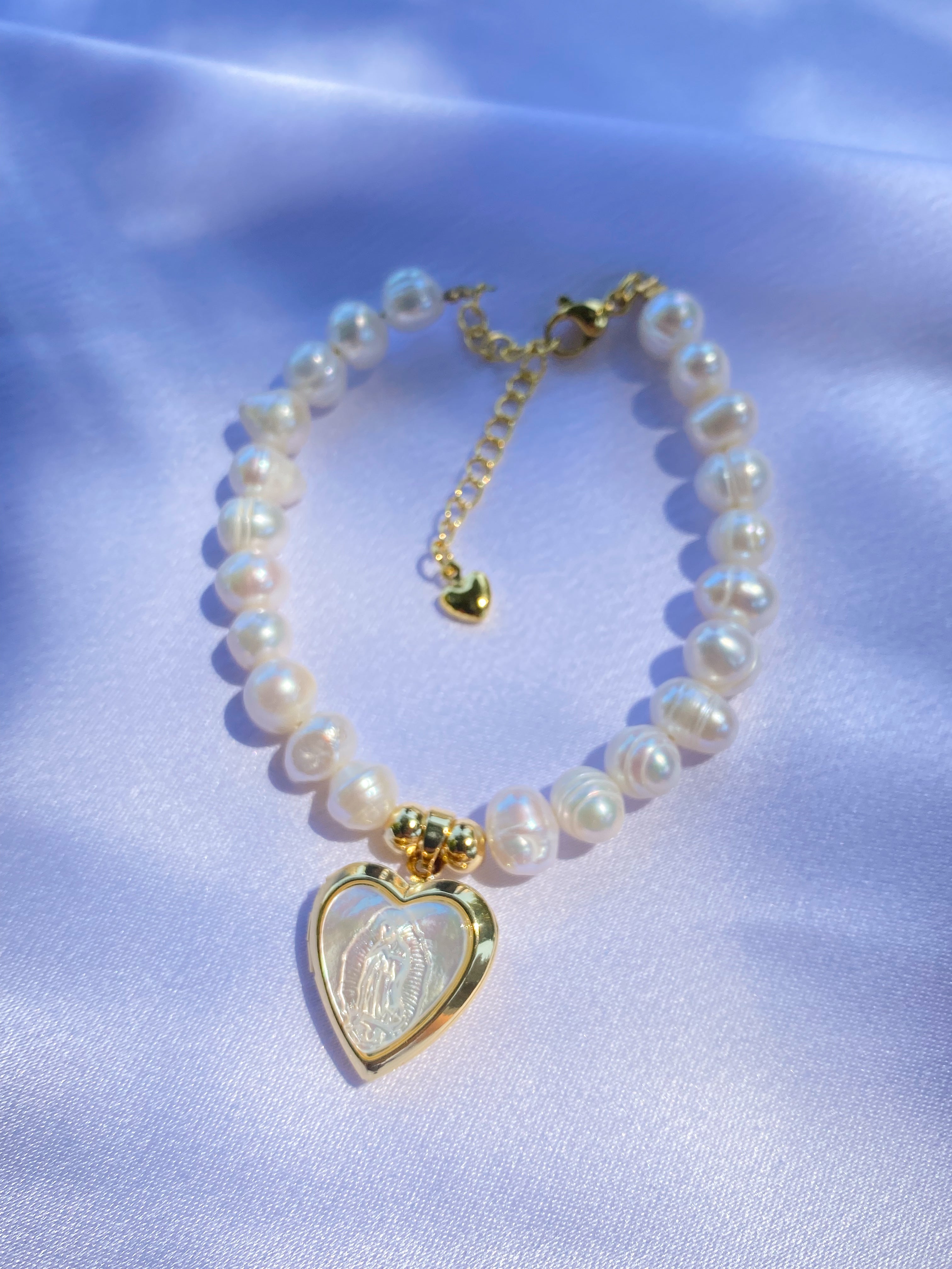 Pearlescent Virgen de Guadalupe Heart Locket Bracelet©