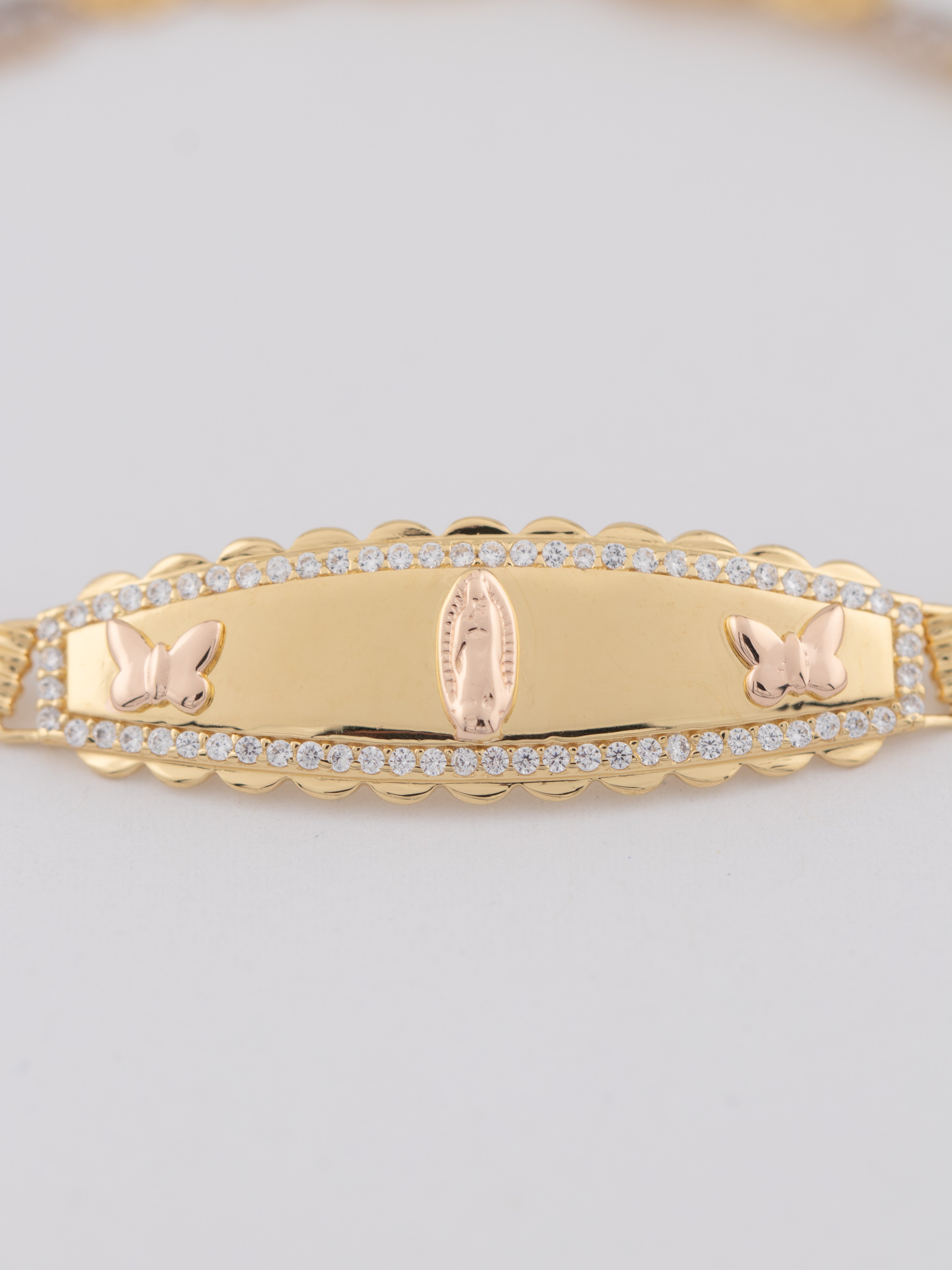 Gold Plated Sterling Silver Virgencita with Butterflies Tricolor Esclava Bracelet