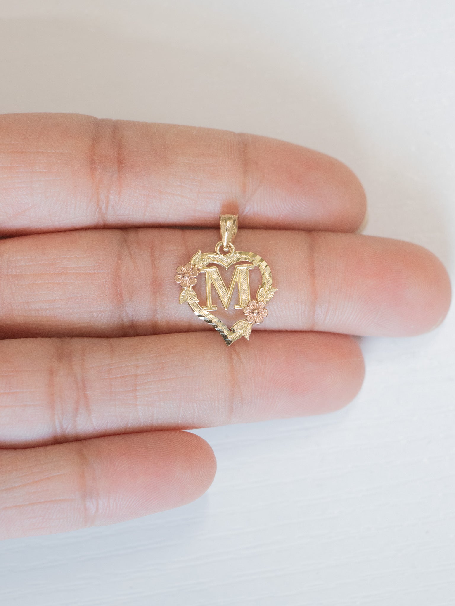 14K Gold Floral Heart Initial Pendant