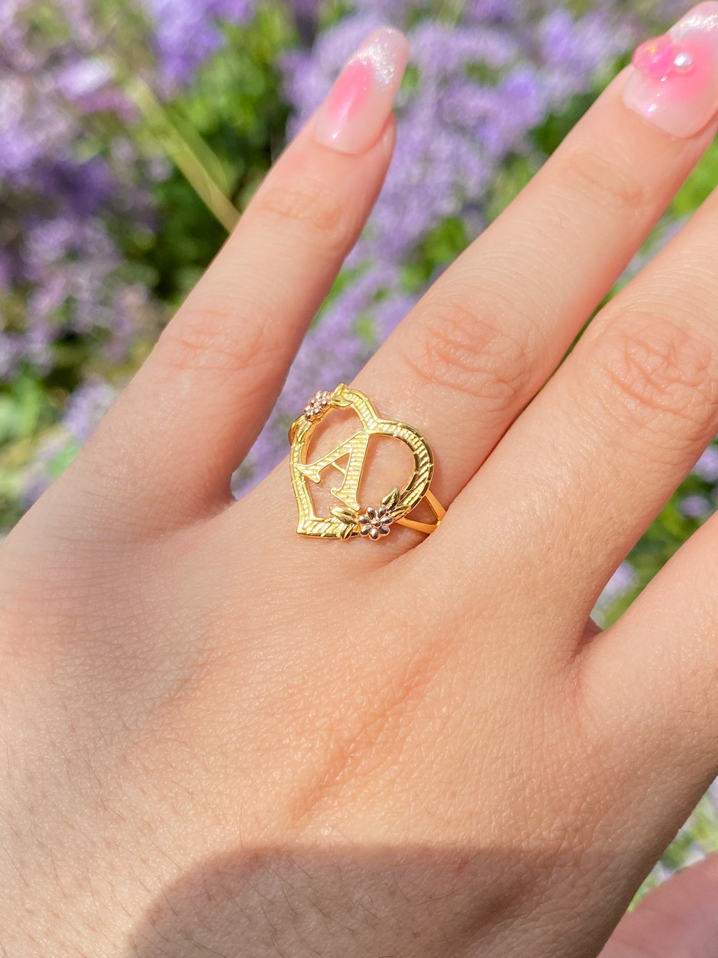 Floral Heart Initial Ring [A - M]