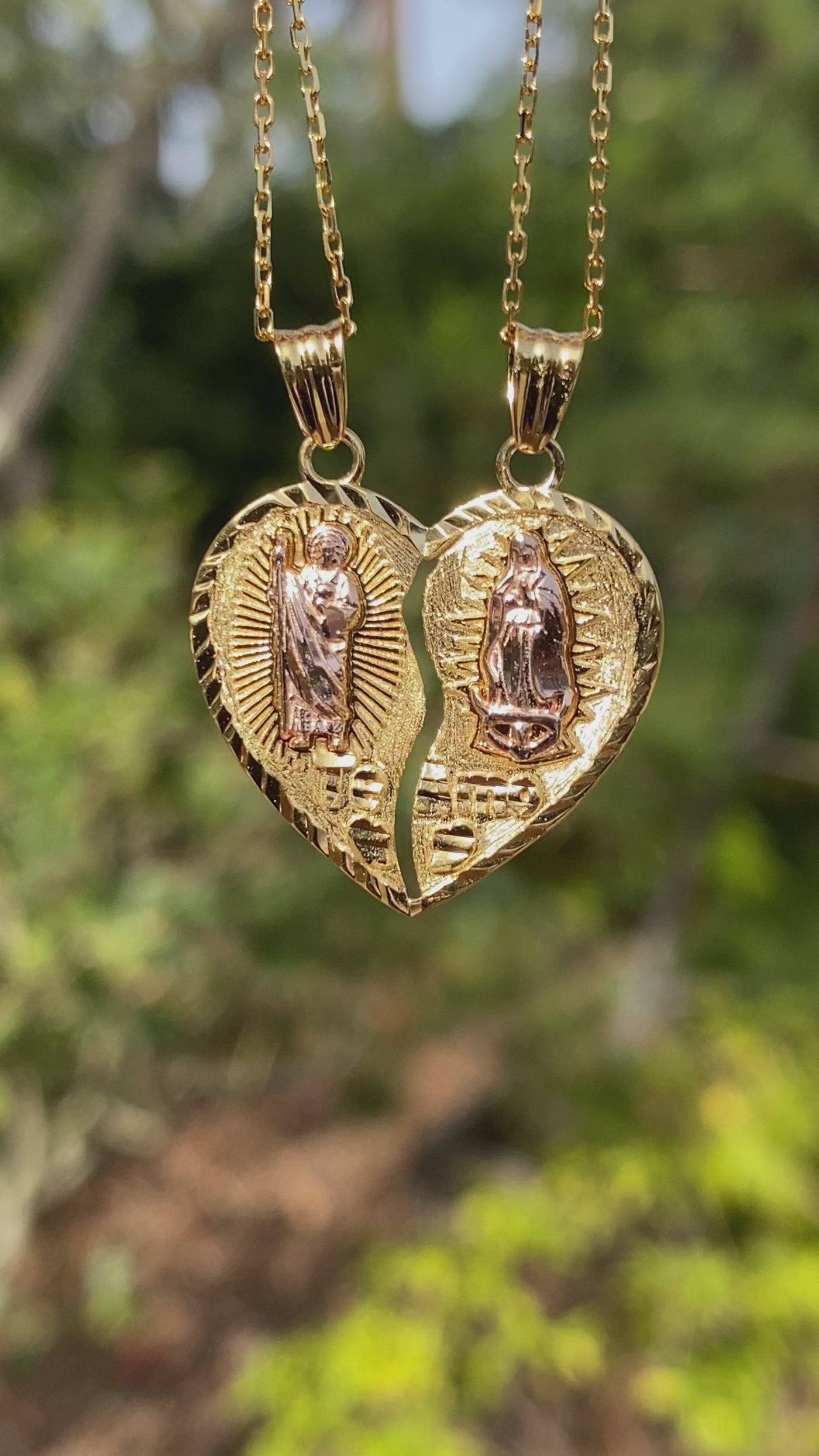 Gold Plated Sterling Silver Virgencita and San Judas Breakable Heart