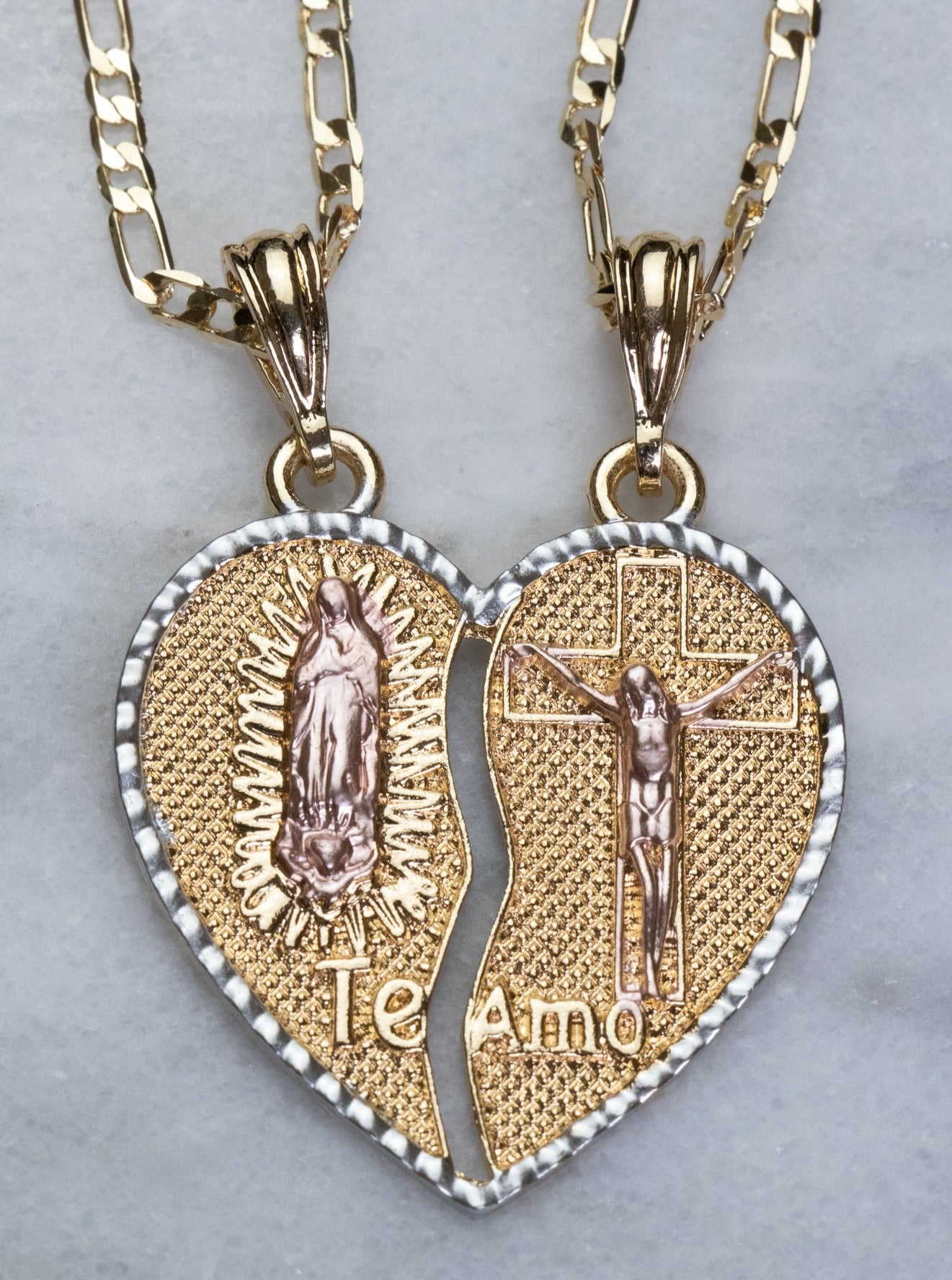 Large Tricolor  Virgencita and Jesus Breakable Heart Necklace