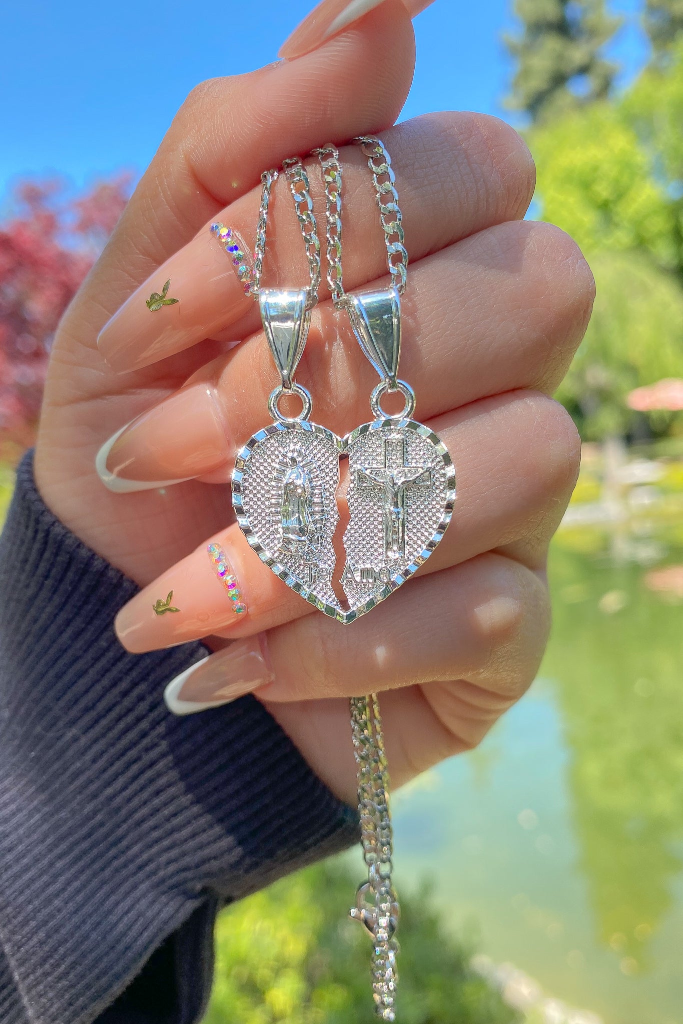 Silver Virgencita and Jesus Breakable Heart Necklace
