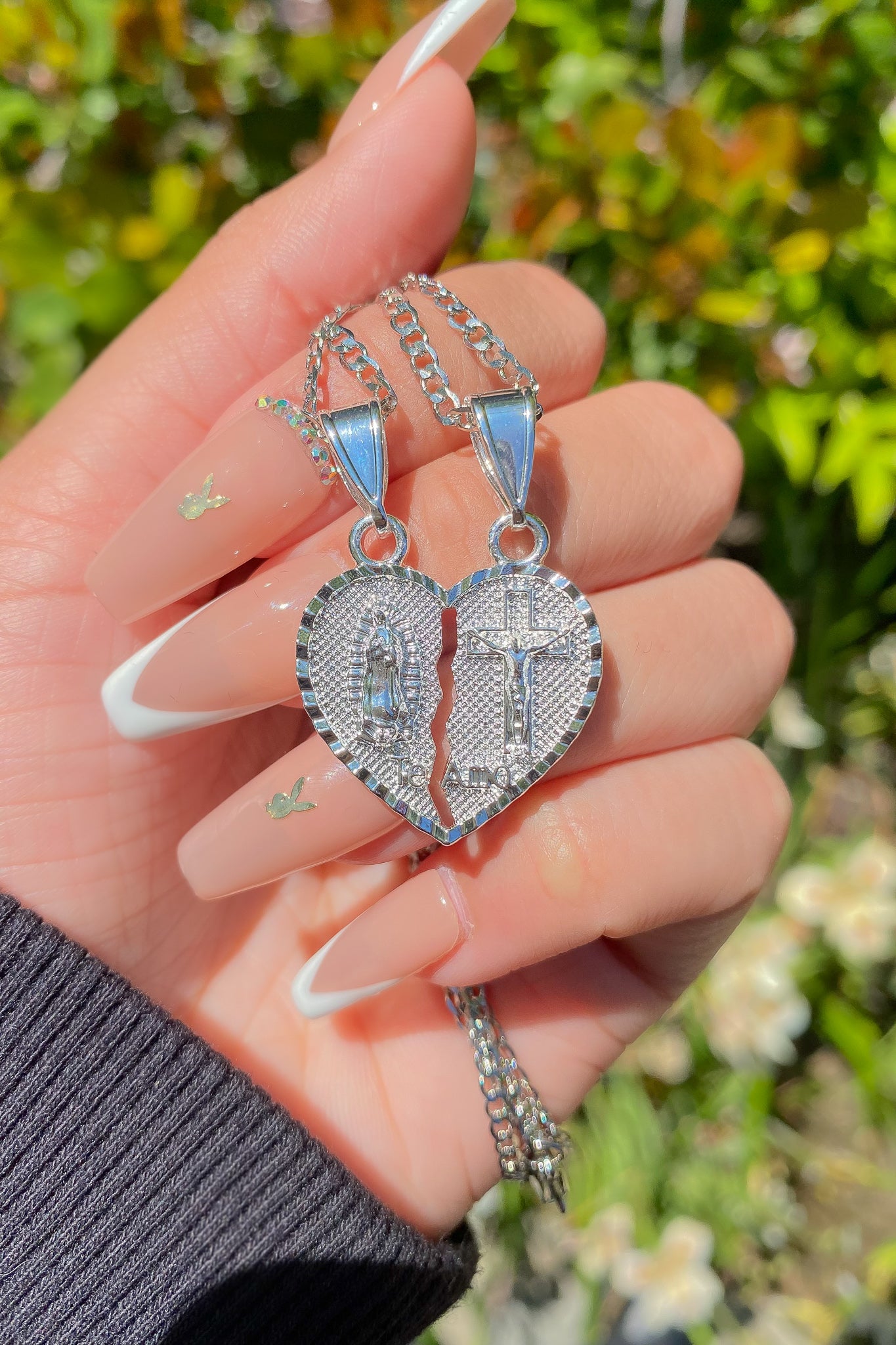 Silver Virgencita and Jesus Breakable Heart Necklace