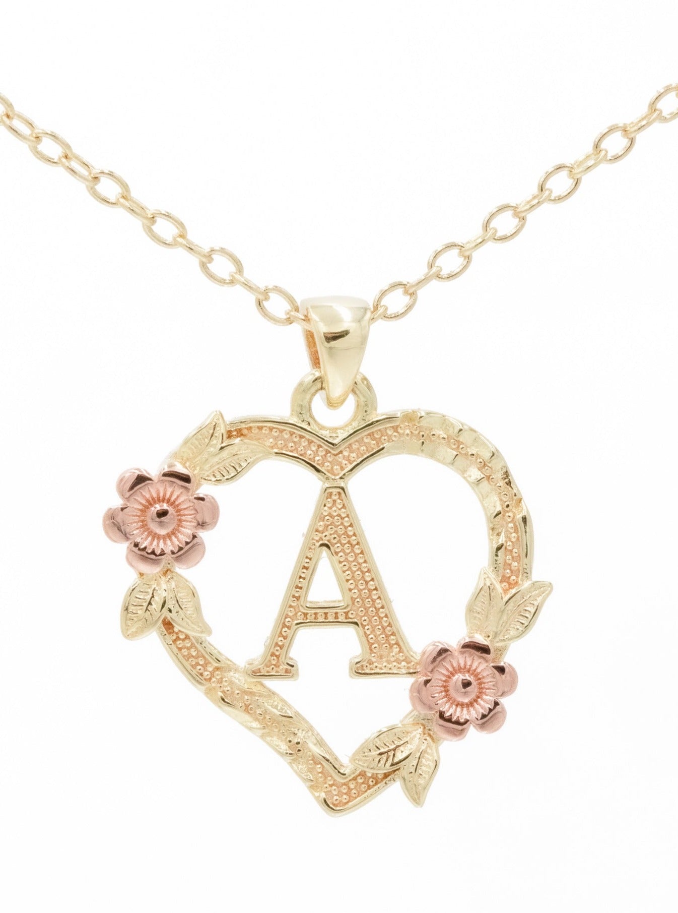14KT Gold Over Silver Floral Heart Initial Necklace