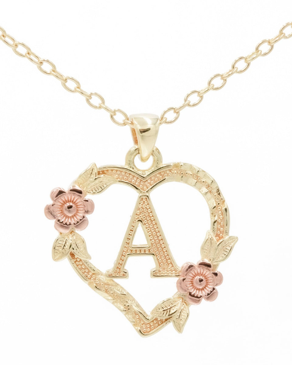 14KT Gold Over Silver Floral Heart Initial Necklace – La Rosa Brand