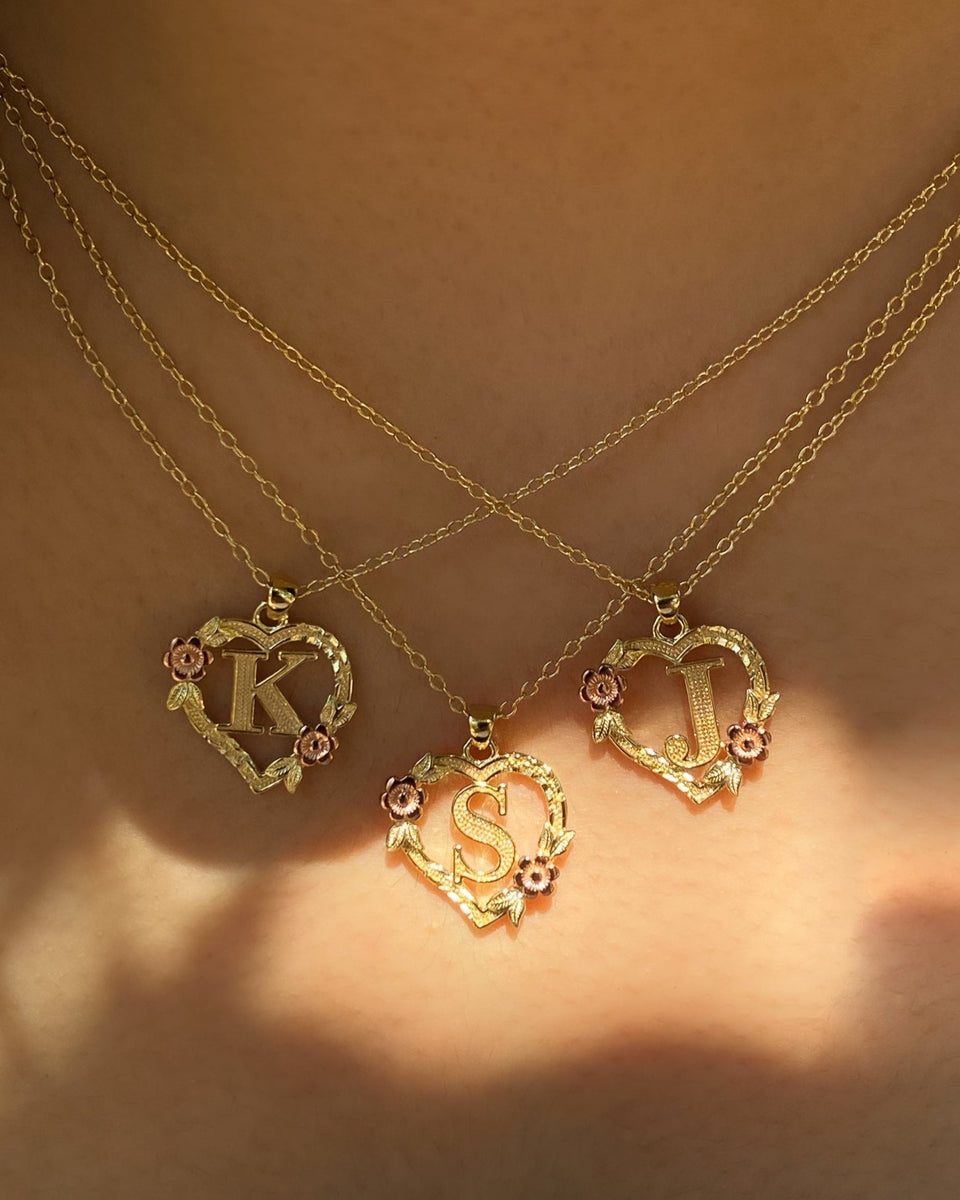 14KT Gold Over Silver Floral Heart Initial Necklace – La Rosa Brand