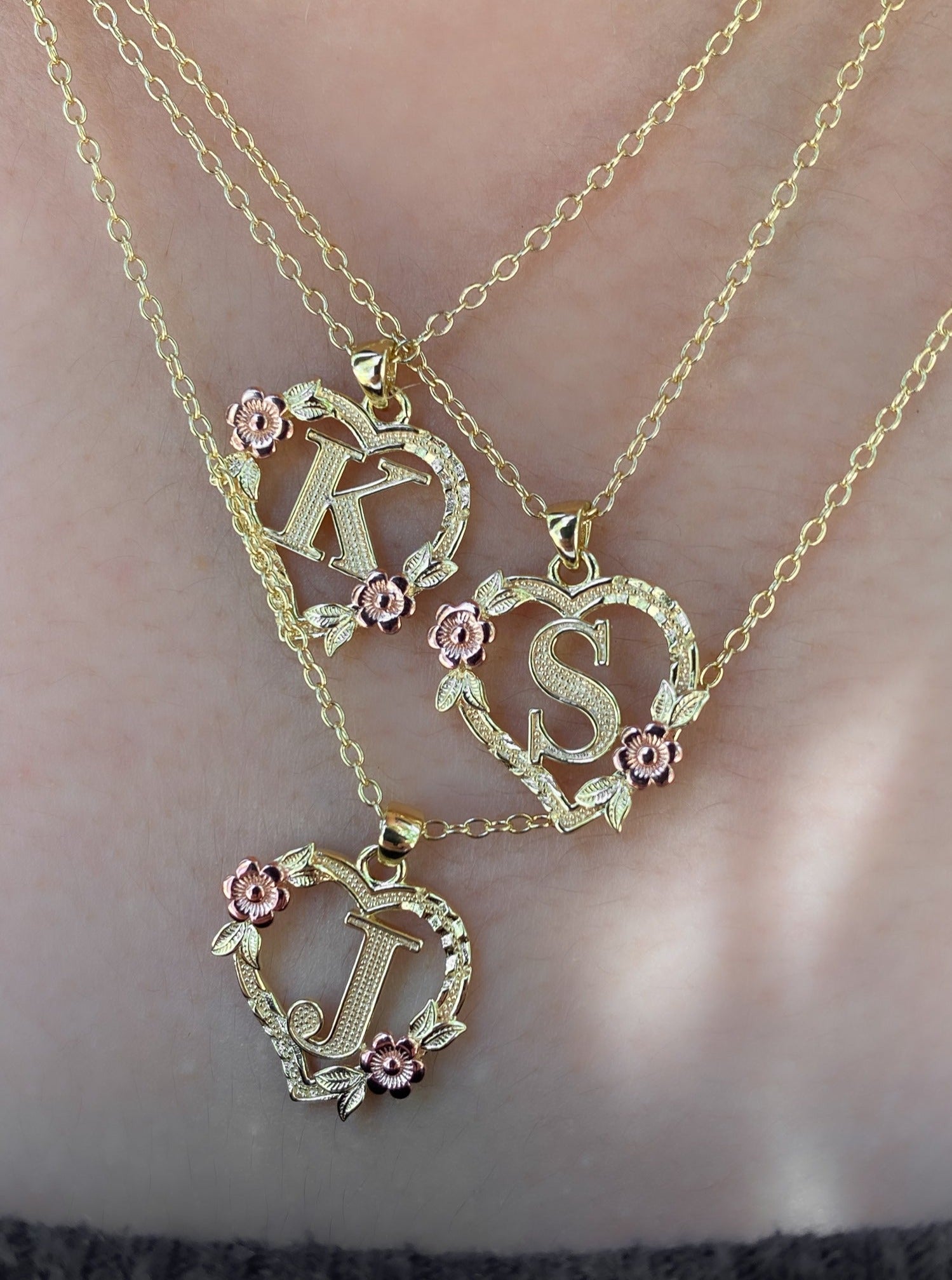 14KT Gold Over Silver Floral Heart Initial Necklace