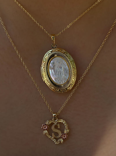14KT Gold Over Silver Floral Heart Initial Necklace