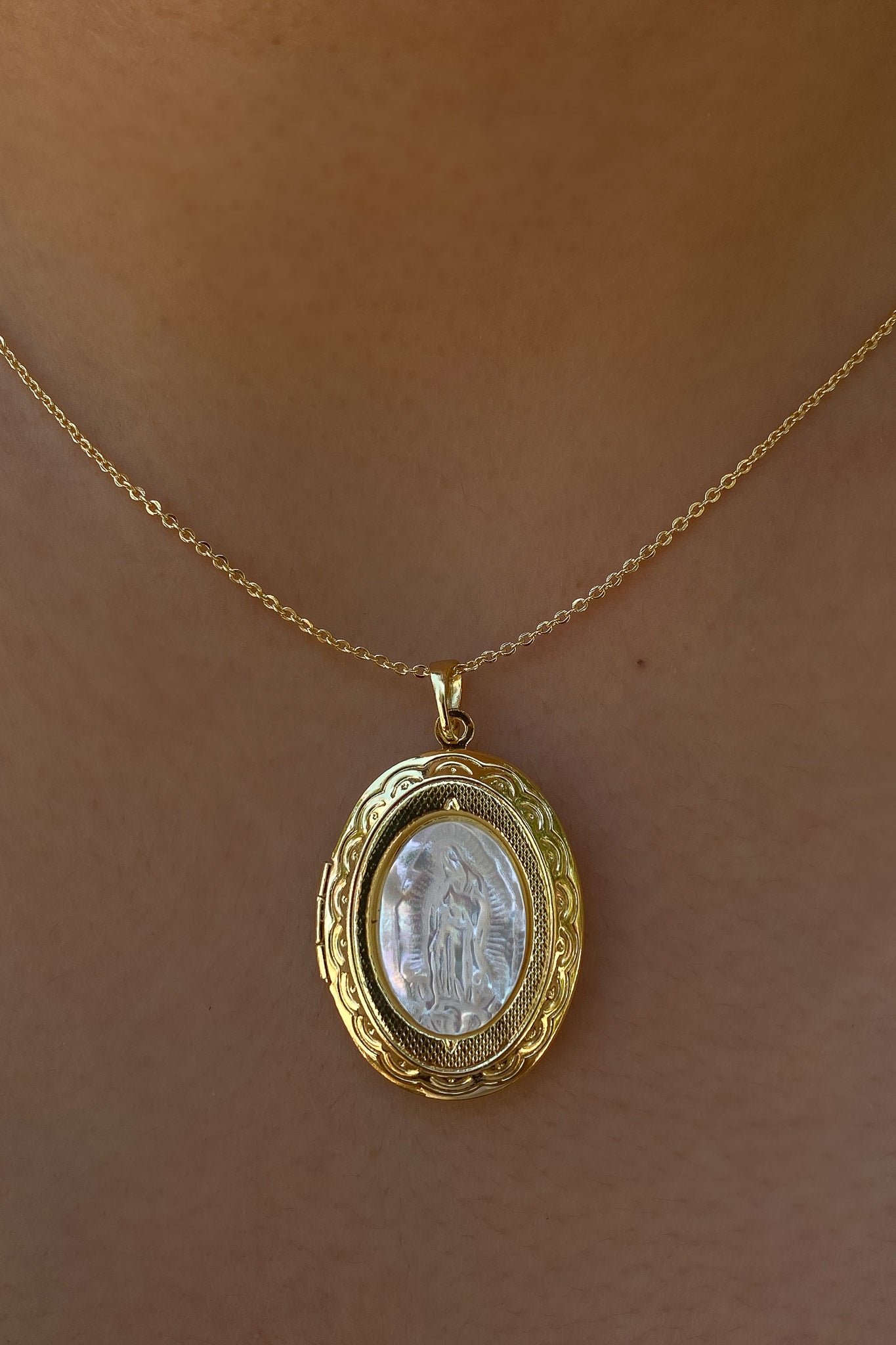 Pearlescent Virgencita Locket Necklace