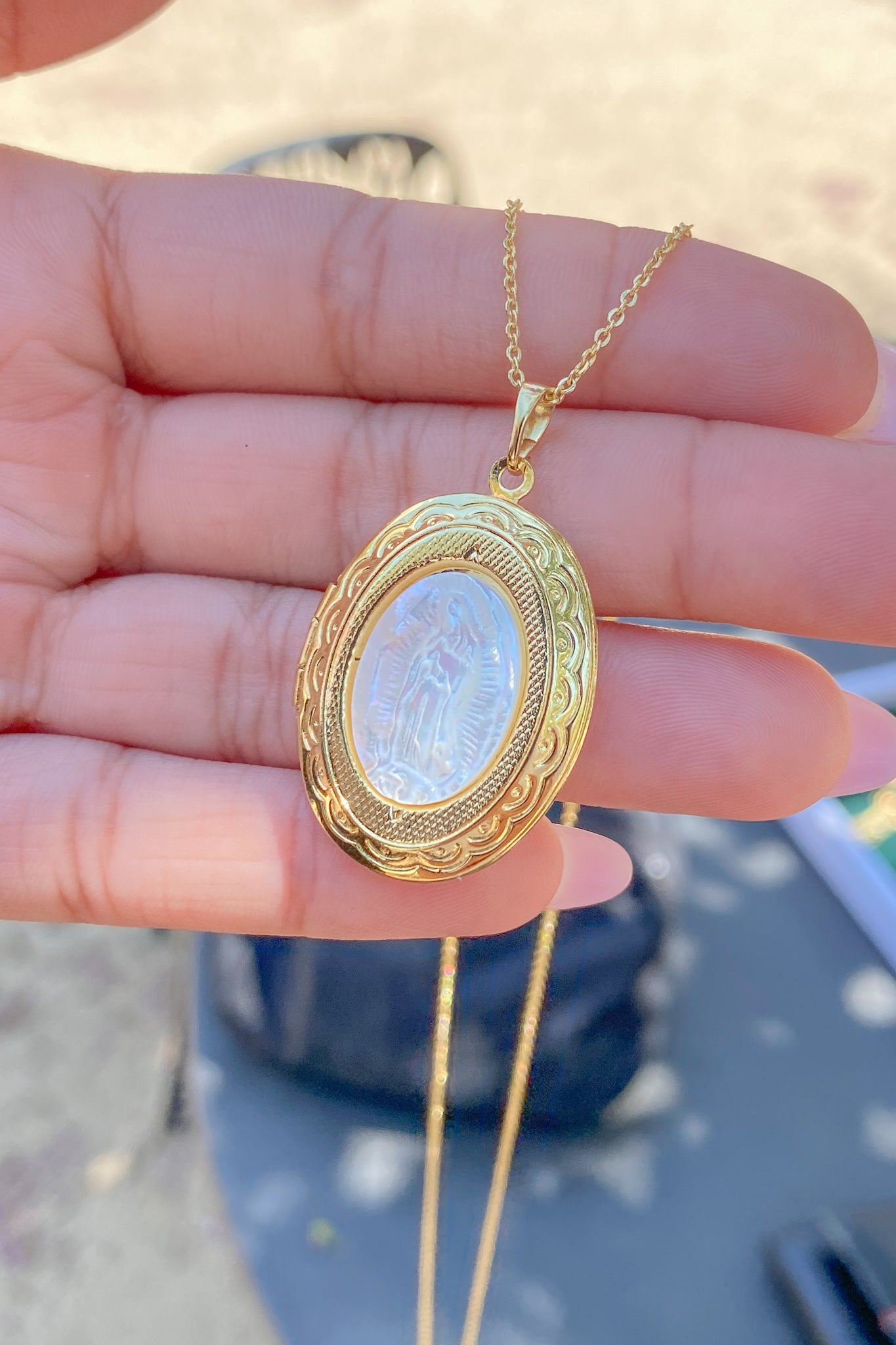 Pearlescent Virgencita Locket Necklace