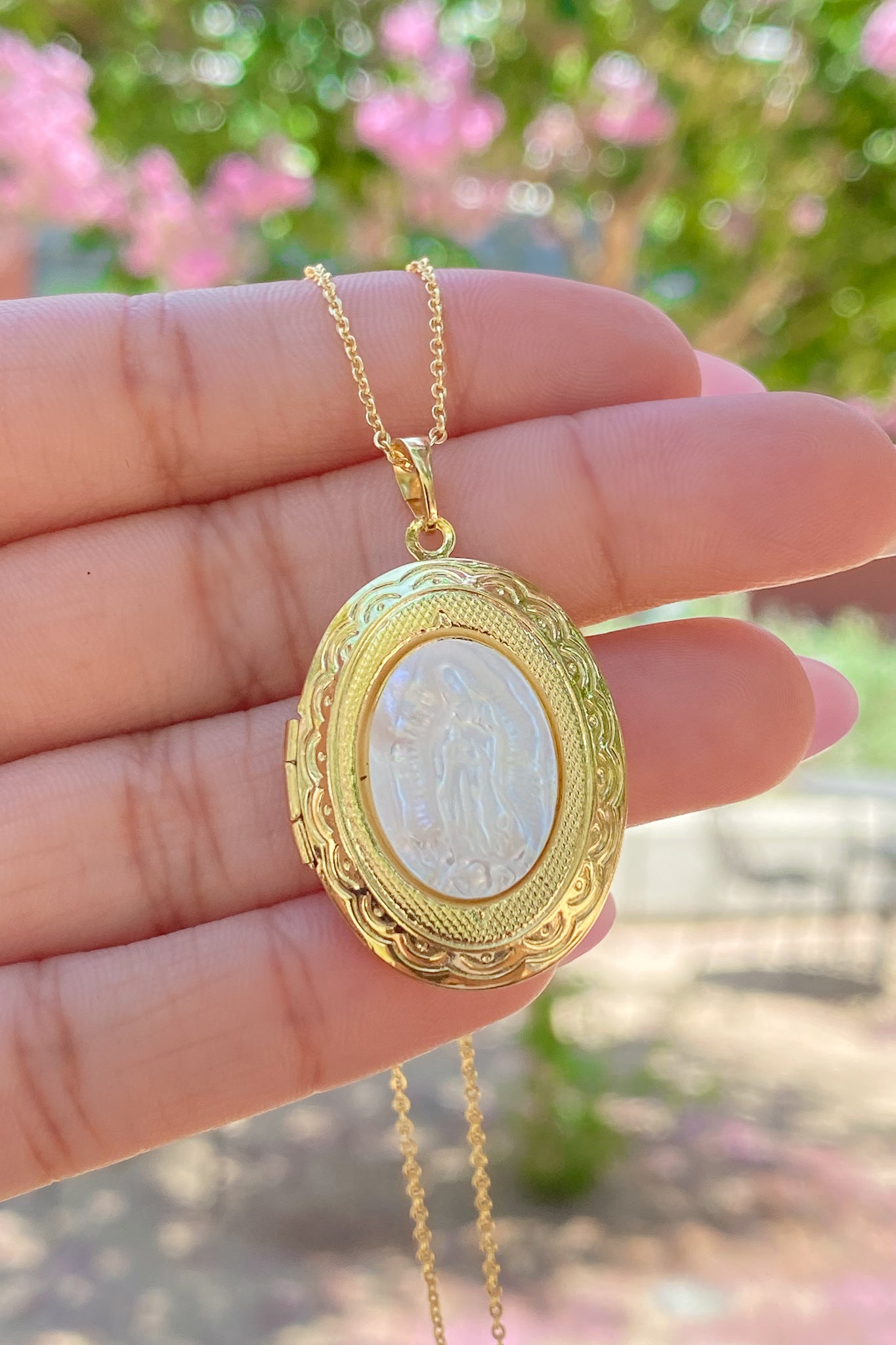 Pearlescent Virgencita Locket Necklace