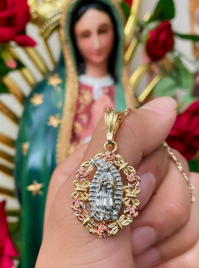 Three Tone Virgencita with Roses Necklace